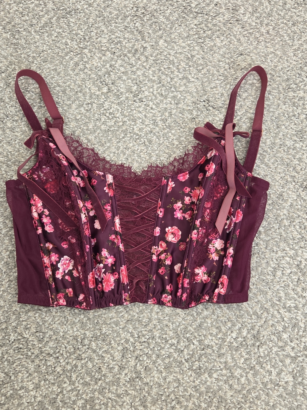 Victoria's Secret Burgundy and Pink Floral Lace-Up Bustier